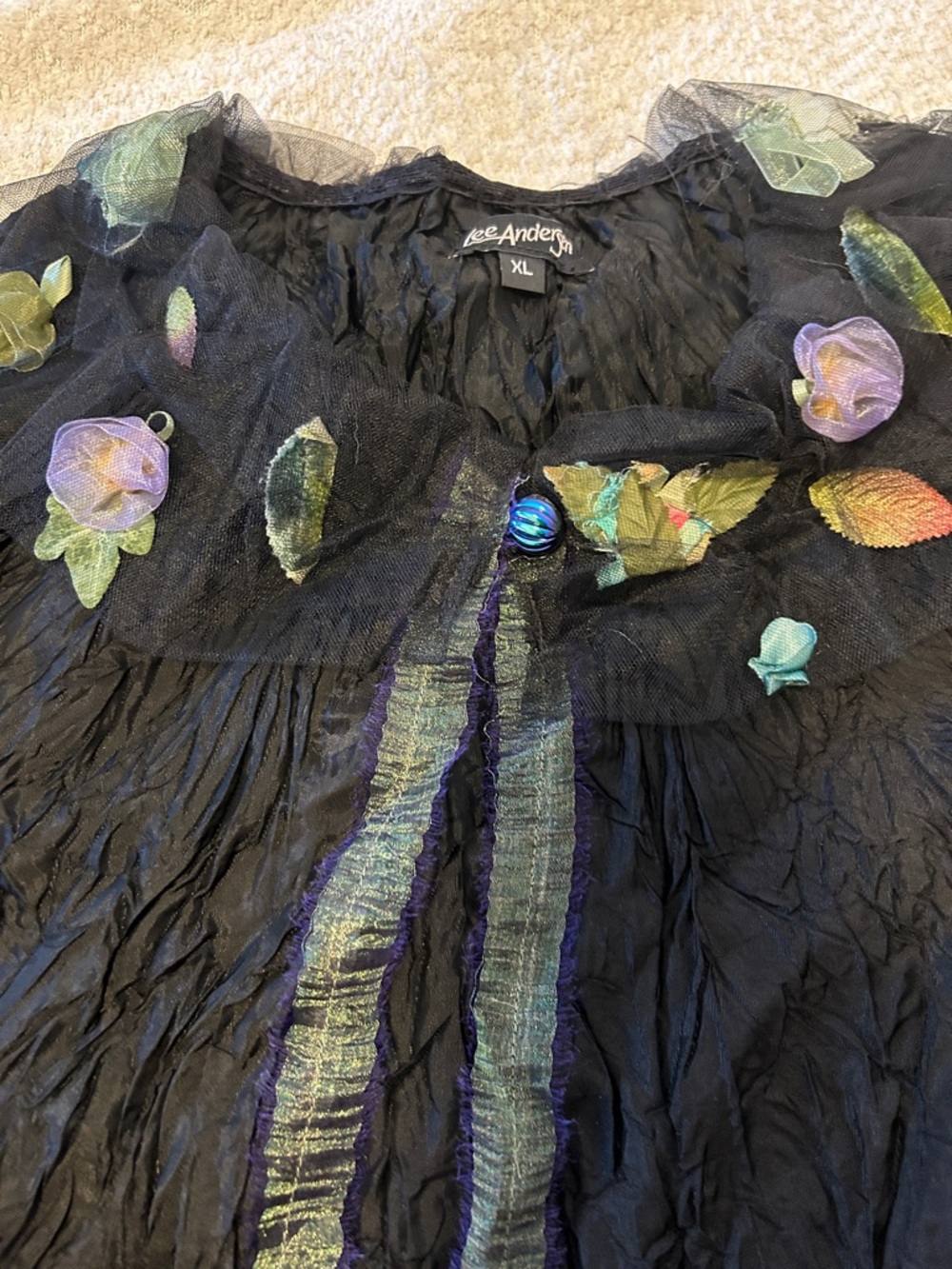 Lee Andersen Black Floral-Appliqué Crinkled Silk Shrug Bolero Top XL - Picture 2 of 5